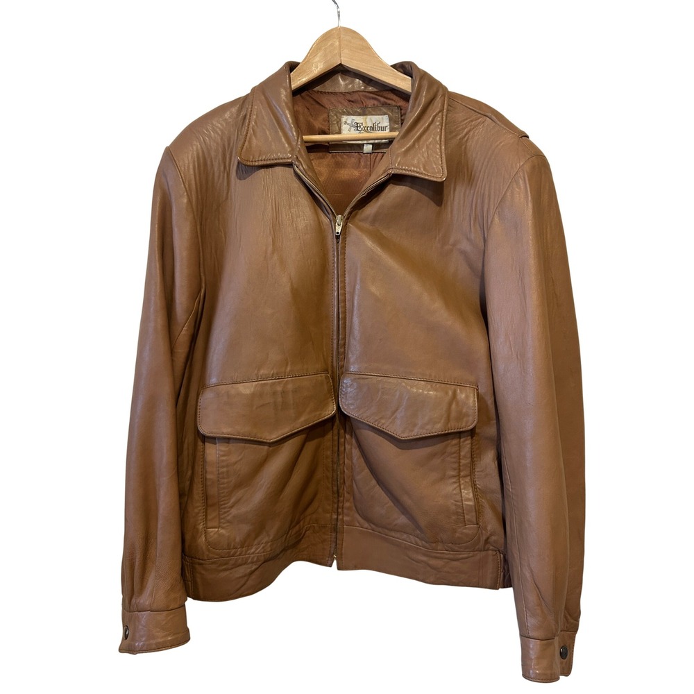 Vintage Excalibur Mens Jacket Sz 44 Buttery Brown Leather Bomber Flight Aviator
